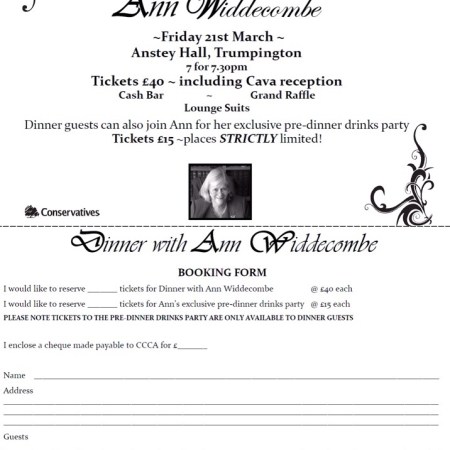 Come and enjoy an evening with Ann Widdecombe – 21st March – Anstey Hall Trumpington